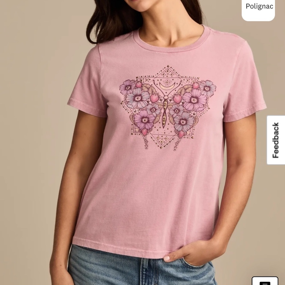 Lucky Brand Celestial Floral Butterfly Pink Graphic Short Sleeve Tee -Small